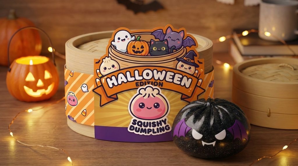 Glitter Bat Halloween Dumpling Squishy in its kawaii setting