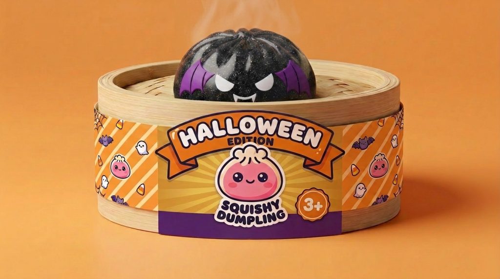 Glitter Bat Halloween Dumpling Squishy in its bamboo steamer box