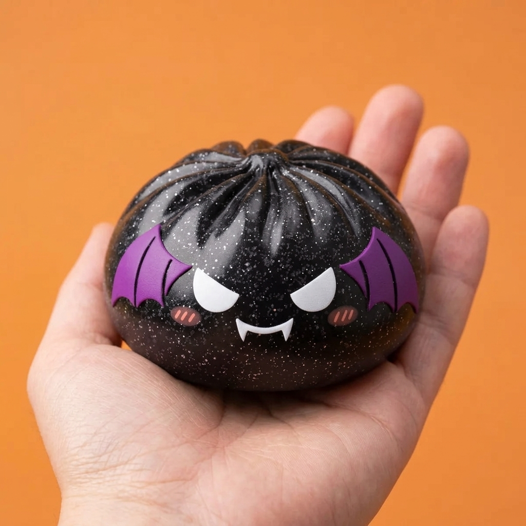 Glitter Bat Halloween Dumpling Squishy held in hand, actual size
