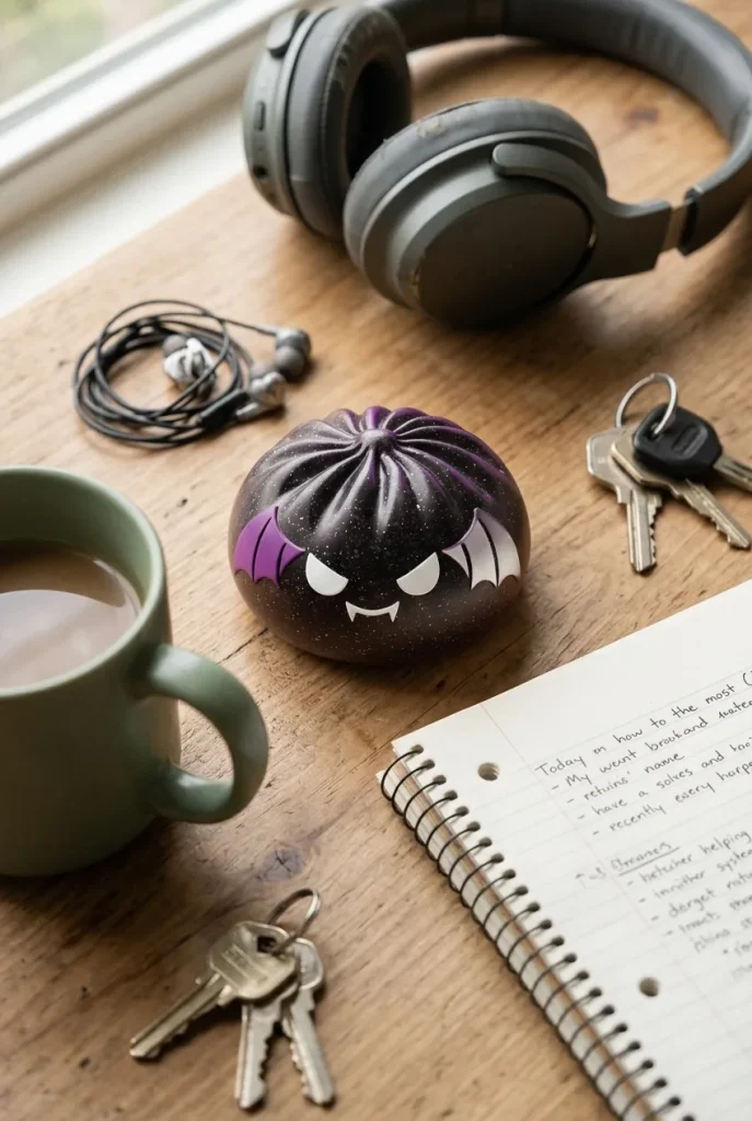 Glitter Bat Halloween Dumpling Squishy on the desk