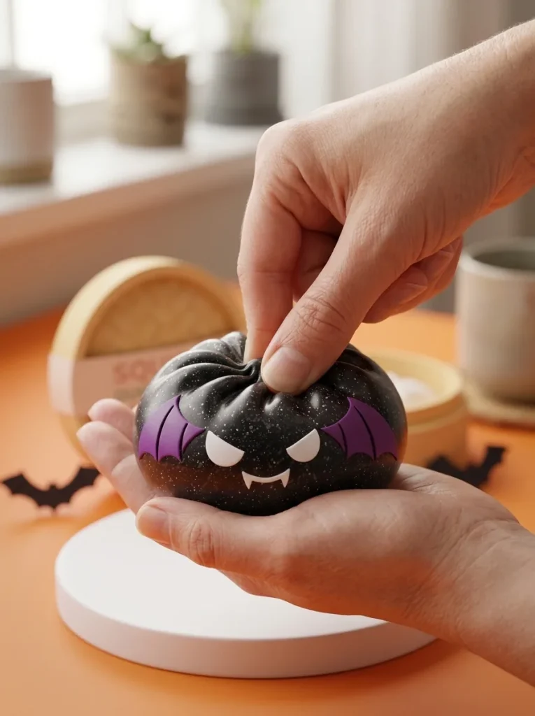 Glitter Bat Halloween Dumpling Squishy mid-squish
