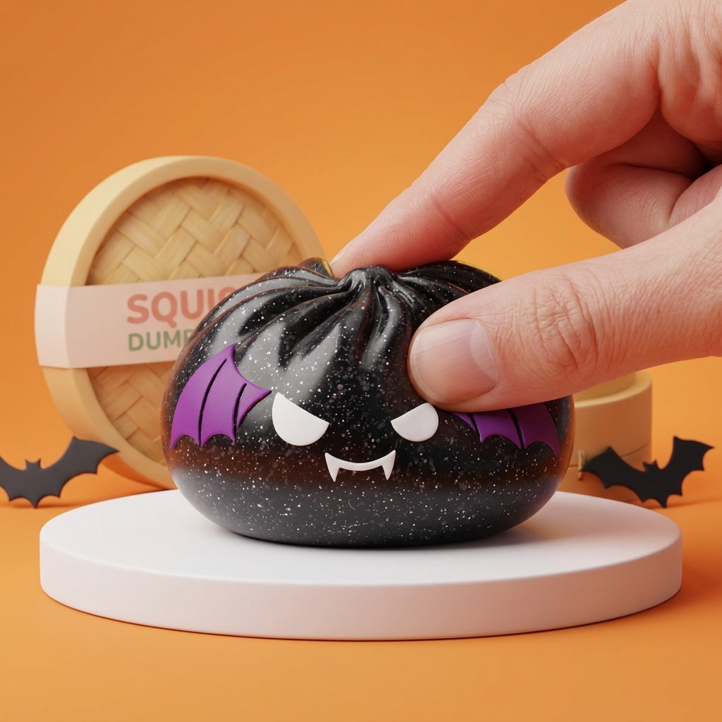 Glitter Bat Halloween Dumpling Squishy being squeezed, soft slow-rise foam