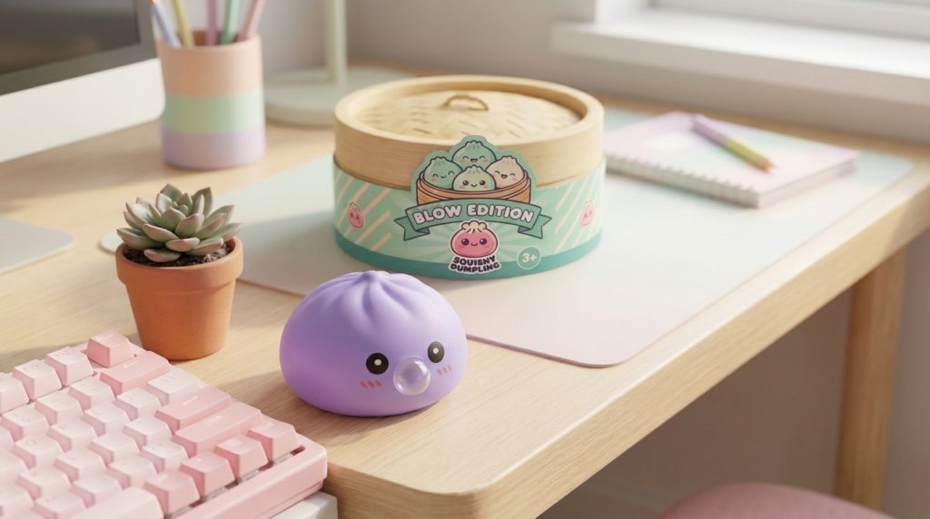 Big Ocean Blue Dumpling Squishy in its kawaii setting