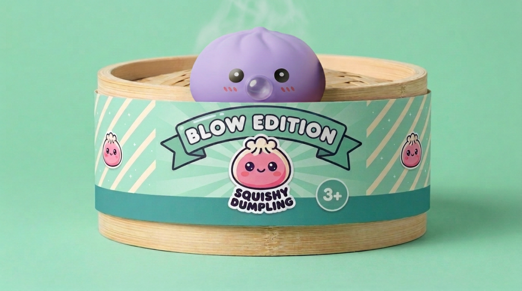 Big Ocean Blue Dumpling Squishy in its bamboo steamer box