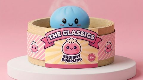 Ocean Blue Dumpling Squishy in its bamboo steamer box