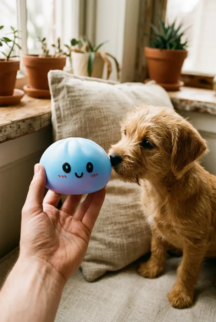 Ocean Blue Dumpling Squishy with a plush friend