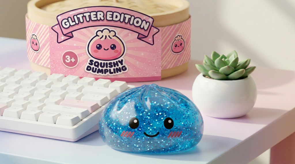 Calm Blue Glitter Dumpling Squishy in its kawaii setting