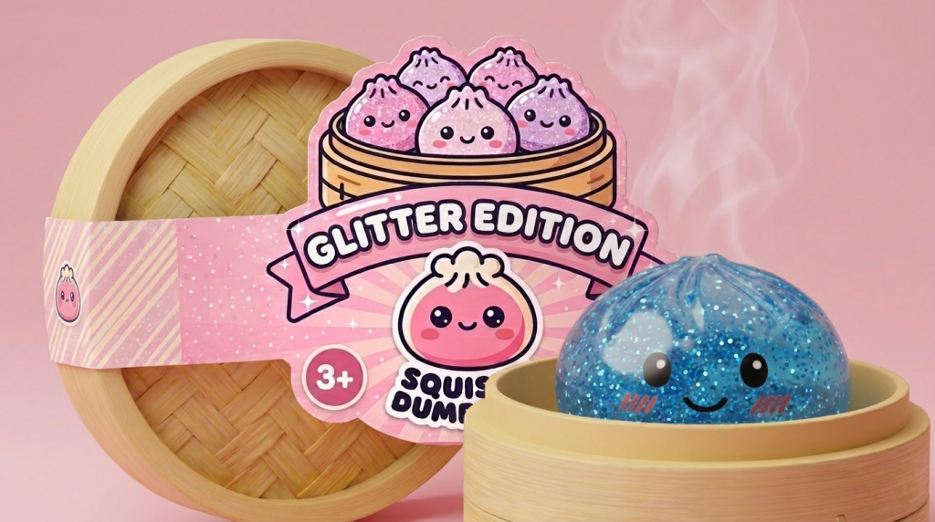 Calm Blue Glitter Dumpling Squishy in its bamboo steamer box