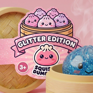 Calm Blue Glitter Dumpling Squishy in its bamboo steamer box