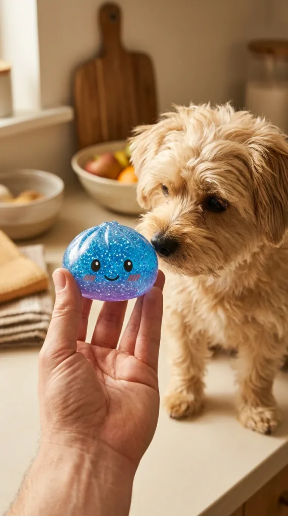 Calm Blue Glitter Dumpling Squishy with a plush friend