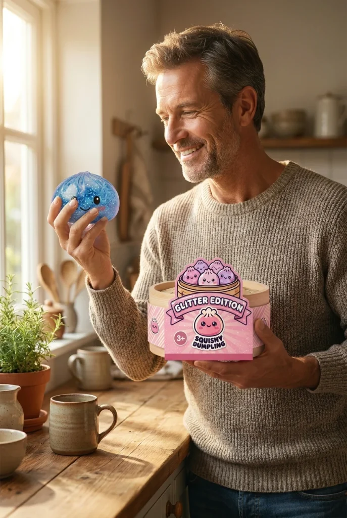Calm Blue Glitter Dumpling Squishy with its box