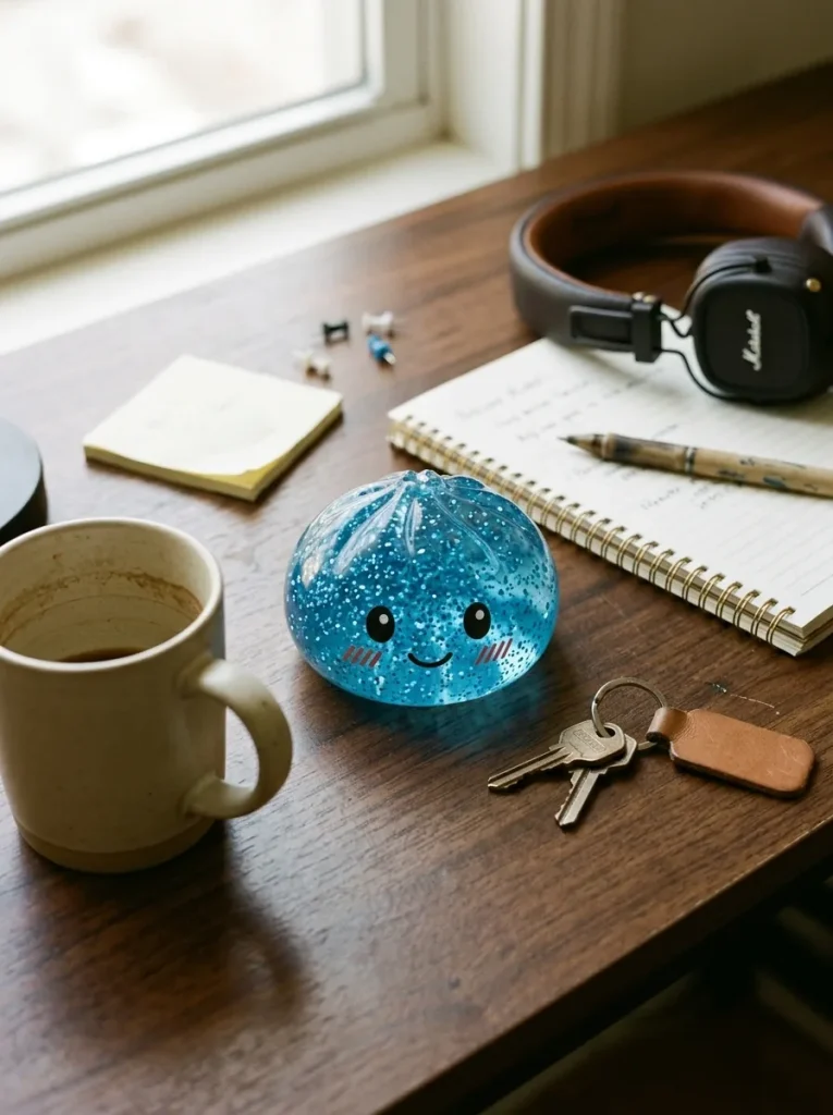 Calm Blue Glitter Dumpling Squishy on the desk
