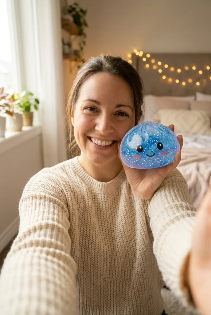 Calm Blue Glitter Dumpling Squishy in everyday life