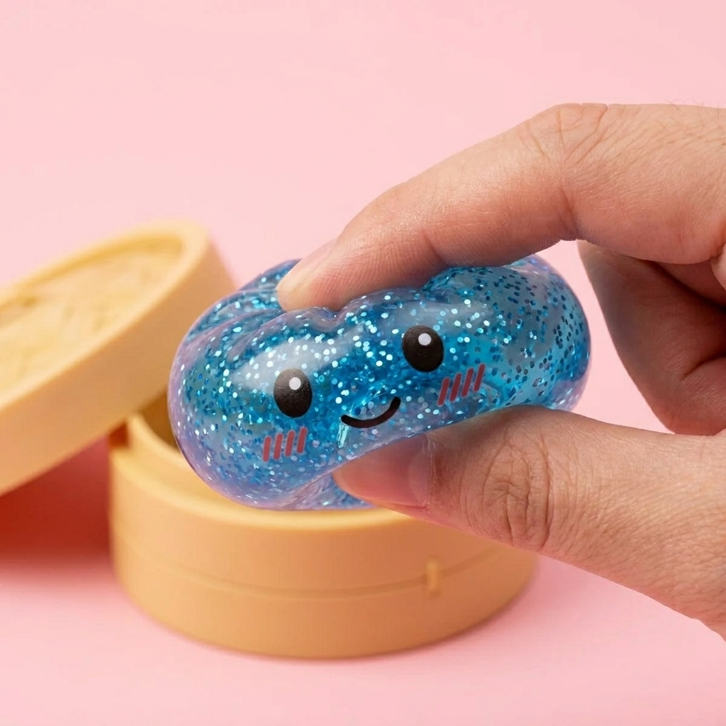 Calm Blue Glitter Dumpling Squishy — slow-rise effect, the foam springs back slowly