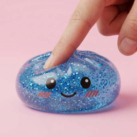 Calm Blue Glitter Dumpling Squishy being squeezed, soft slow-rise foam