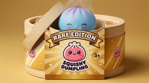 Frost Blue Rare Blow Dumpling Squishy in its bamboo steamer box