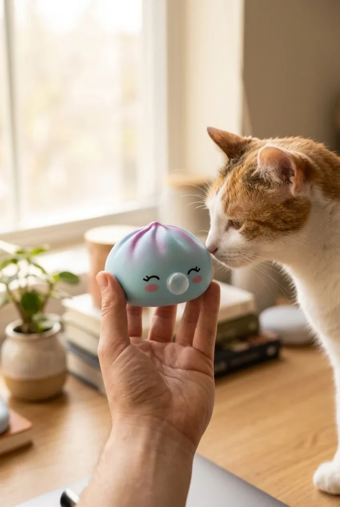 Frost Blue Rare Blow Dumpling Squishy with a plush friend