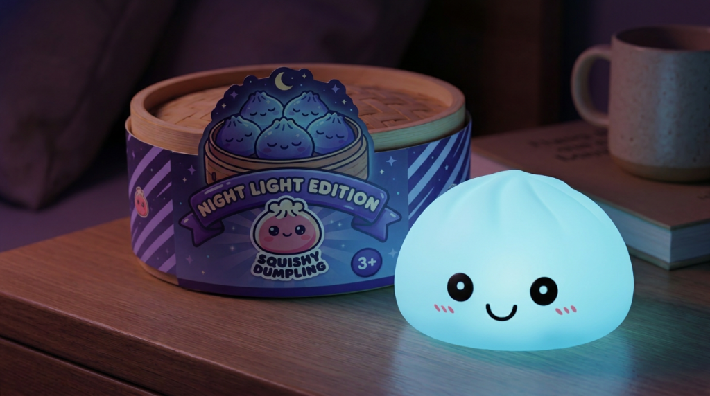 Aurora Blue Dumpling Squishy Night Light in its kawaii setting