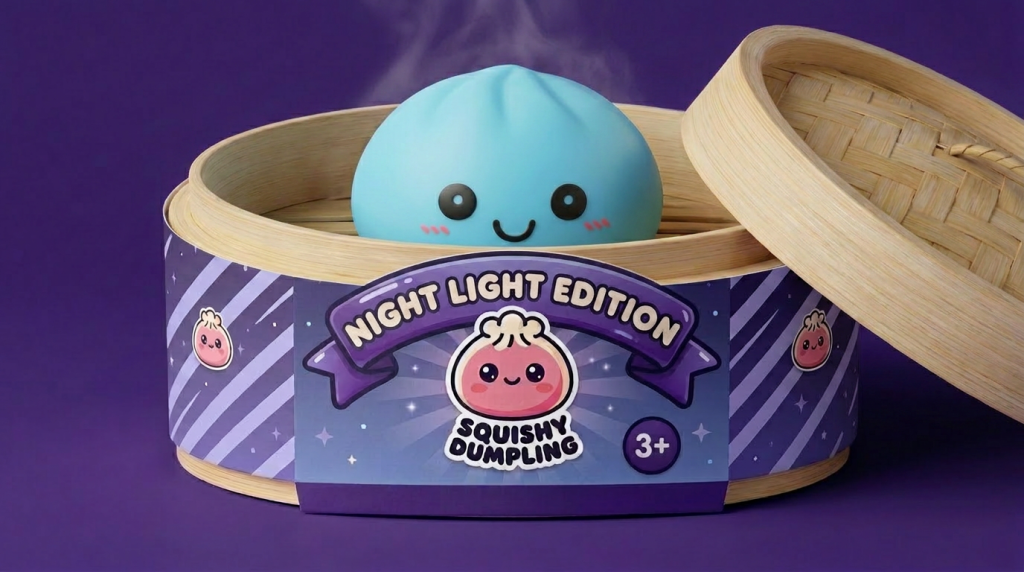 Aurora Blue Dumpling Squishy Night Light in its bamboo steamer box