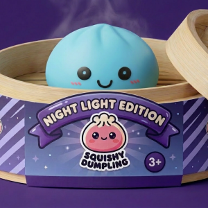 Aurora Blue Dumpling Squishy Night Light in its bamboo steamer box