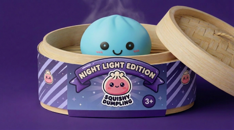 Aurora Blue Dumpling Squishy Night Light in its bamboo steamer box