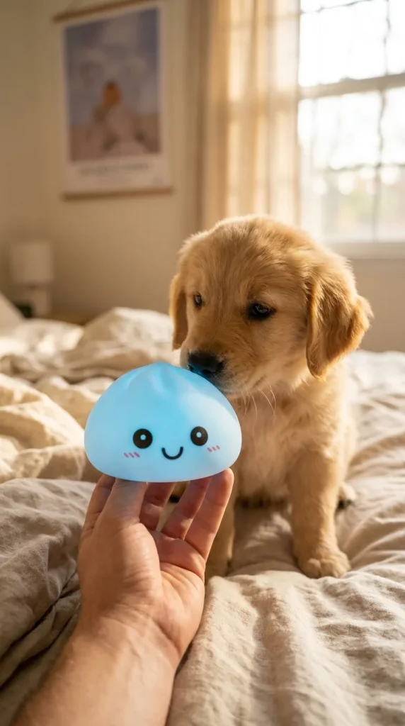 Aurora Blue Dumpling Squishy Night Light with a plush friend