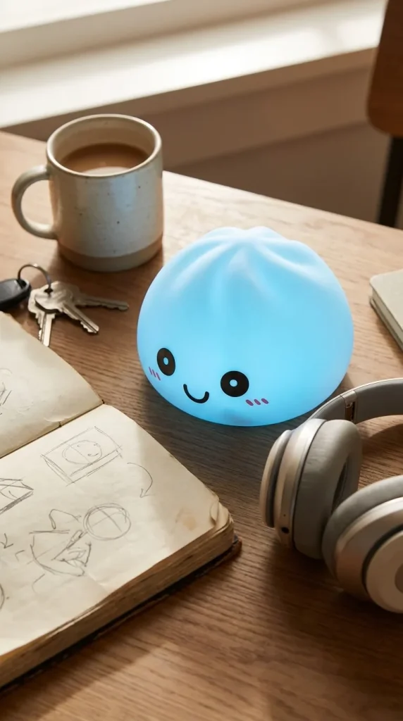 Aurora Blue Dumpling Squishy Night Light on the desk