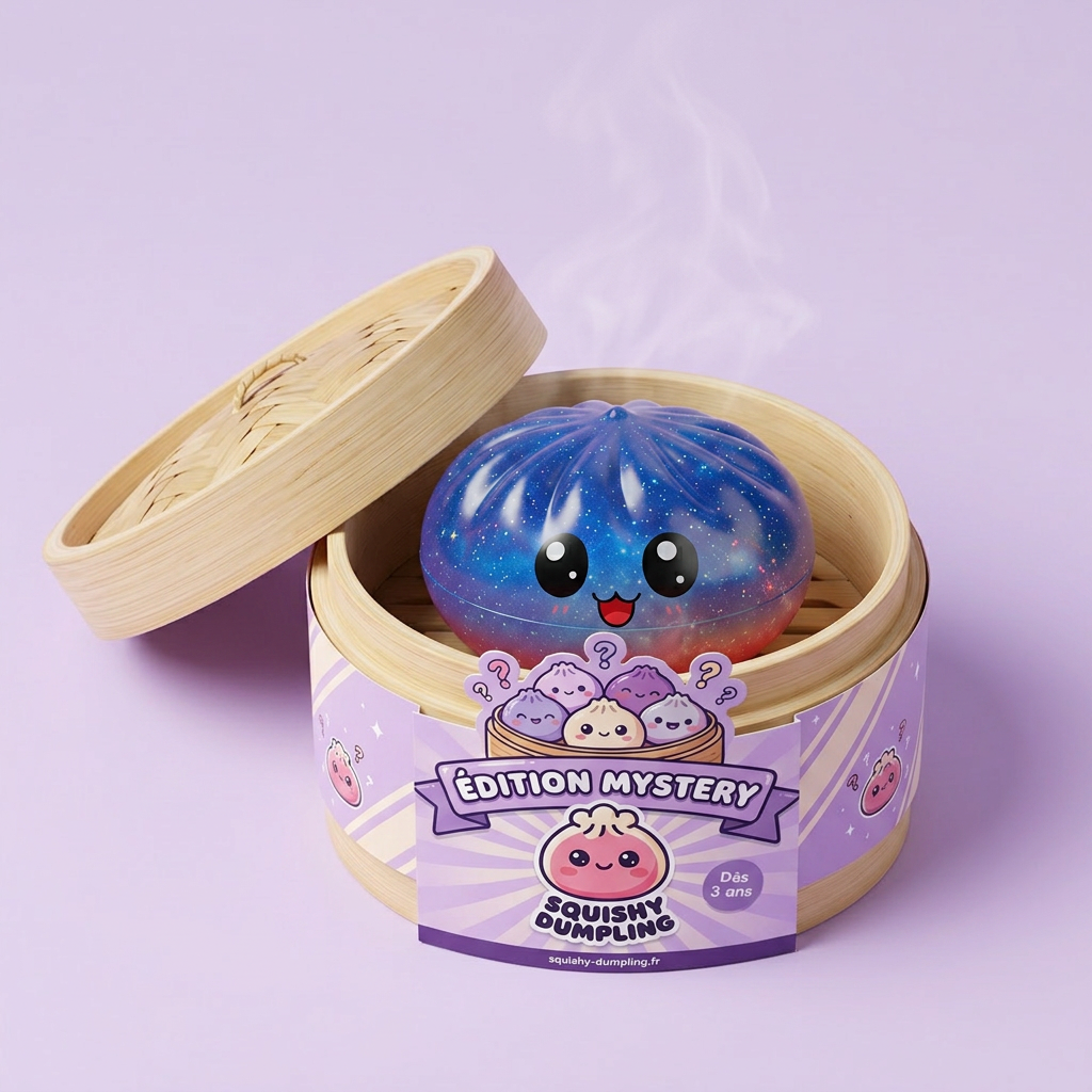 Charming Mystery Dumpling Squishy in its bamboo steamer box