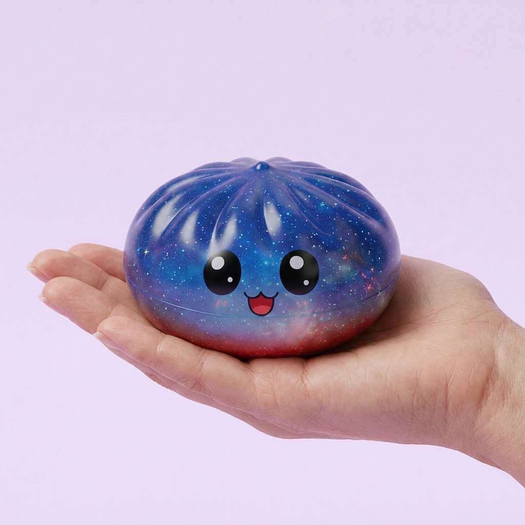 Charming Mystery Dumpling Squishy held in hand, actual size