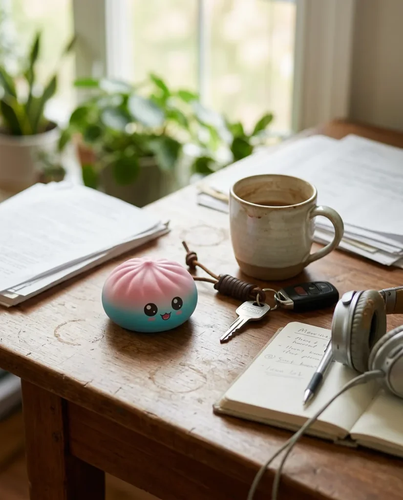 Charming Mystery Dumpling Squishy on the desk