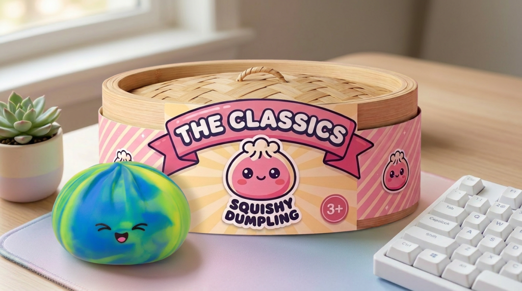 Rainbow Dumpling Squishy in its kawaii setting