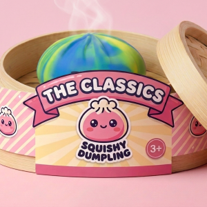 Rainbow Dumpling Squishy in its bamboo steamer box