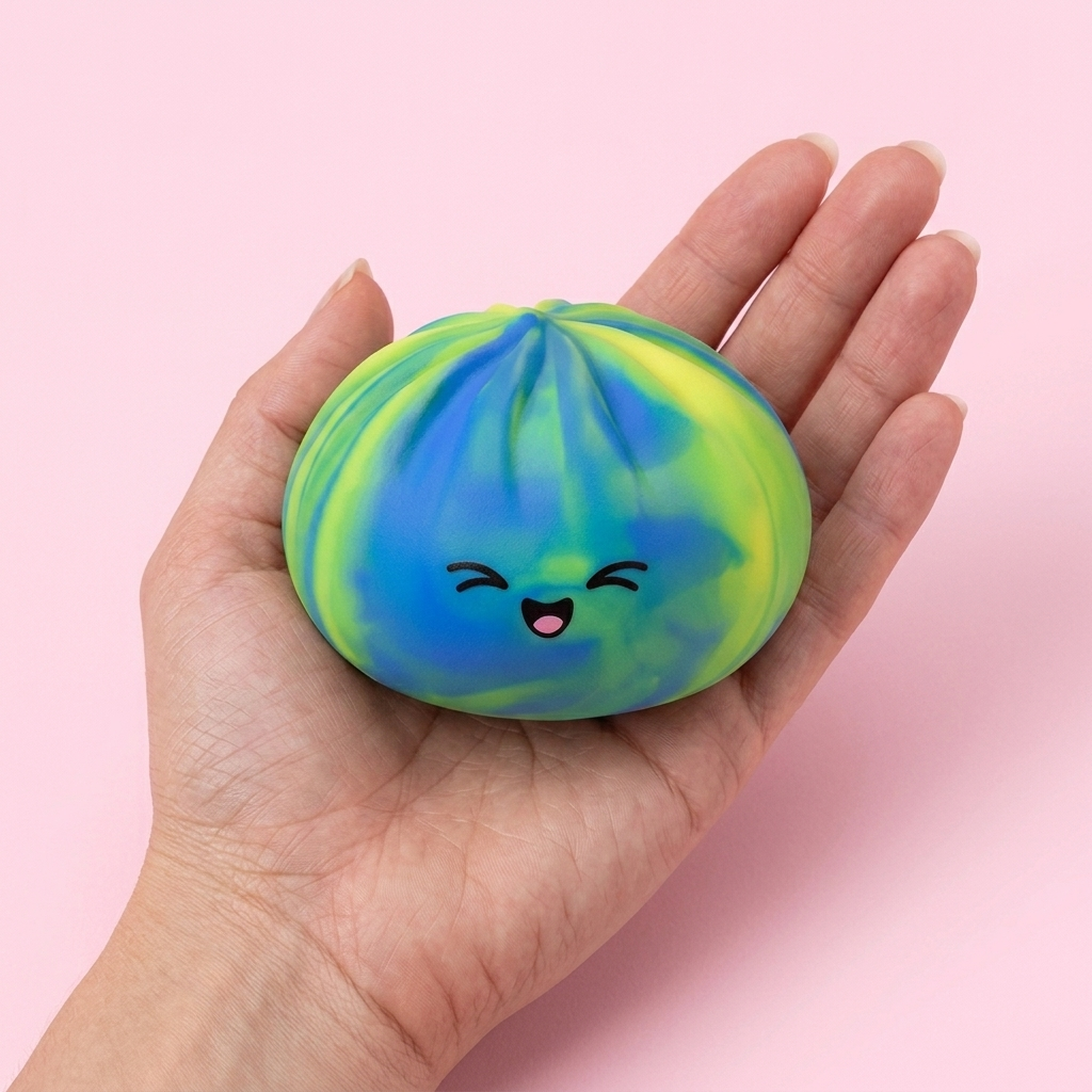 Rainbow Dumpling Squishy held in hand, actual size