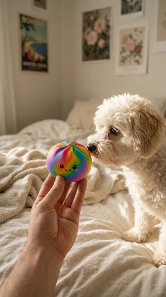Rainbow Dumpling Squishy with a plush friend