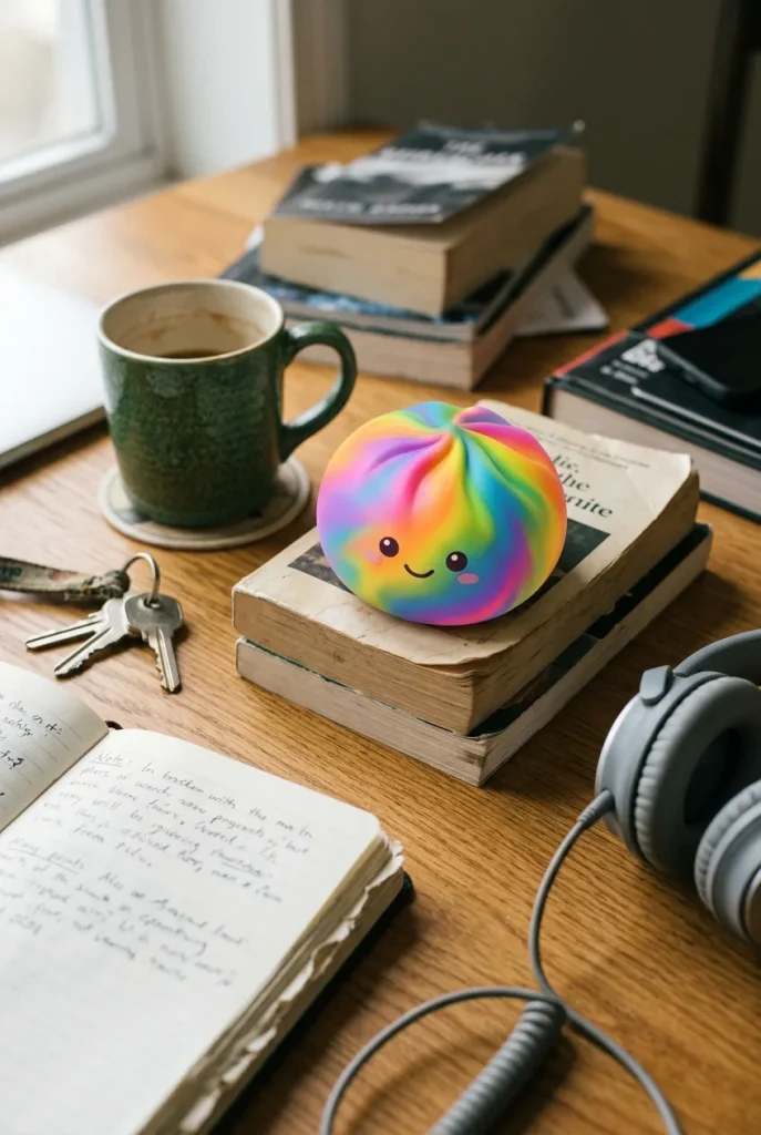 Rainbow Dumpling Squishy on the desk
