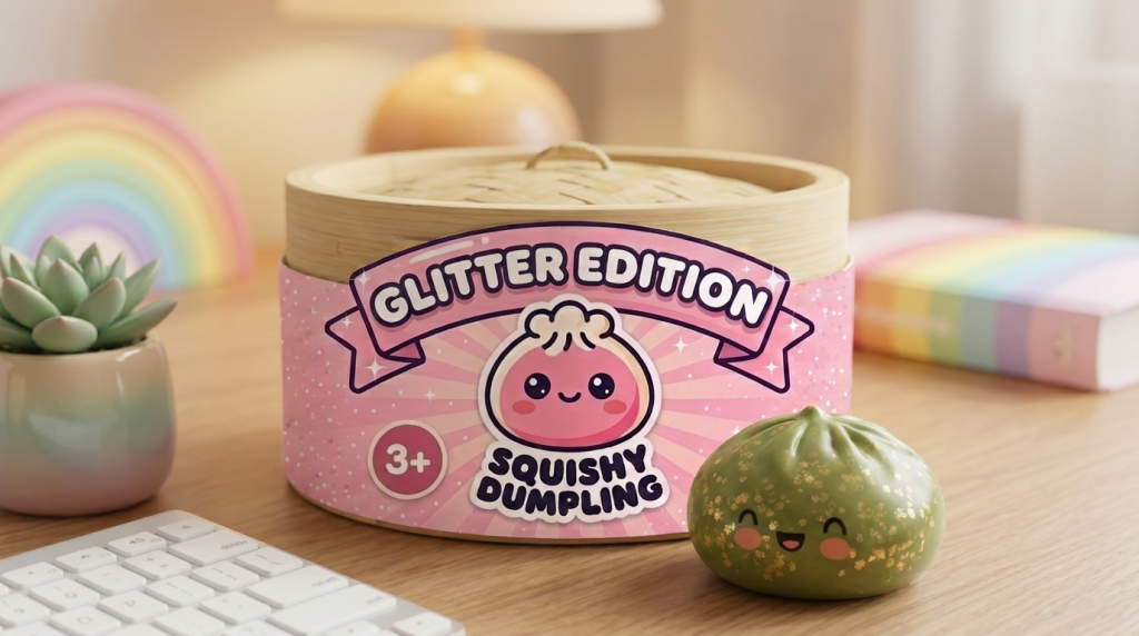 Emerald Green Glitter Dumpling Squishy in its kawaii setting