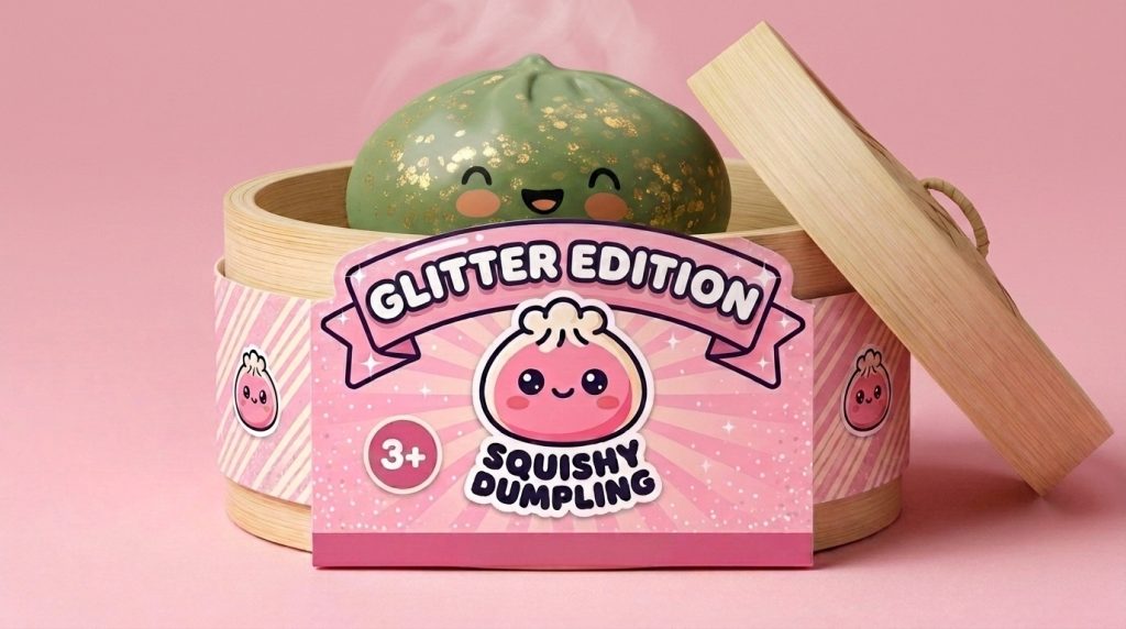 Emerald Green Glitter Dumpling Squishy in its bamboo steamer box