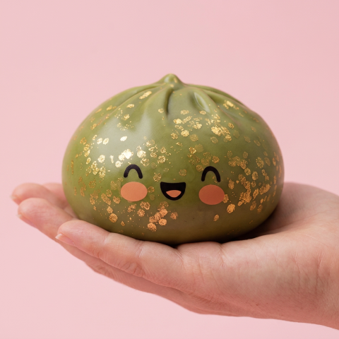 Emerald Green Glitter Dumpling Squishy held in hand, actual size