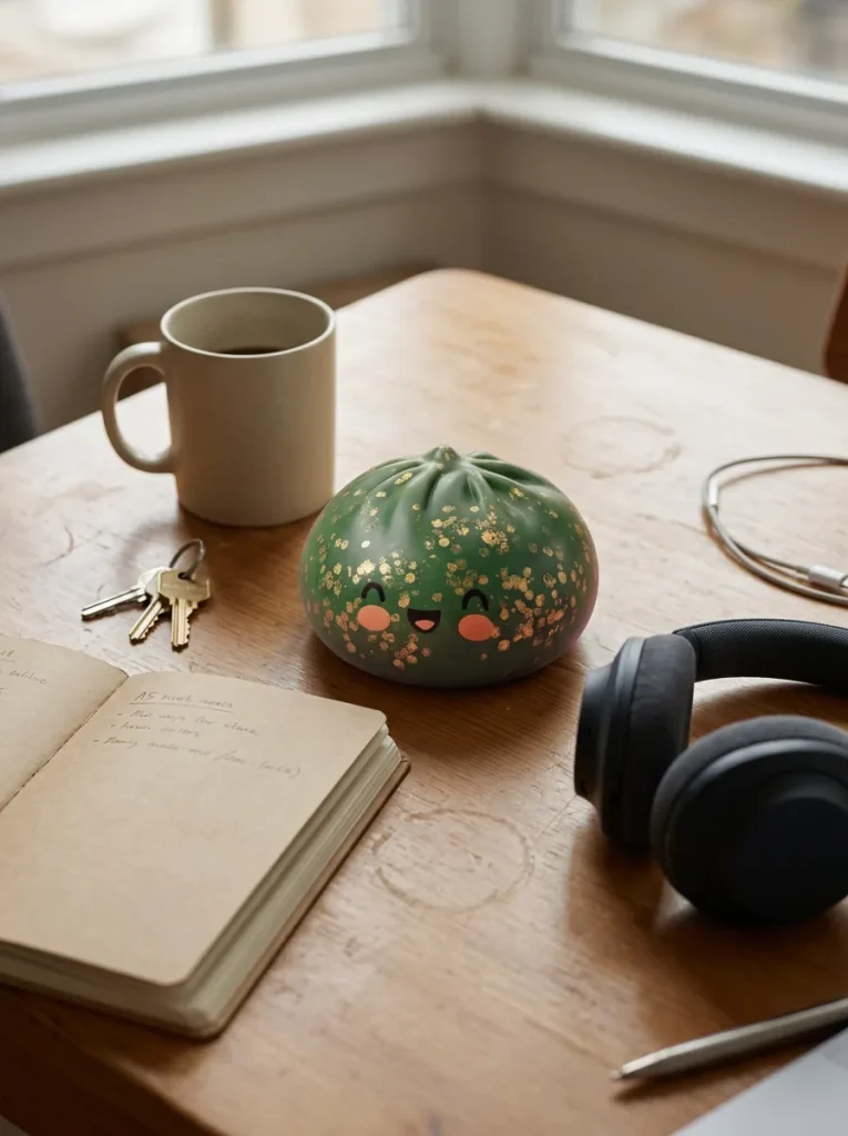 Emerald Green Glitter Dumpling Squishy on the desk