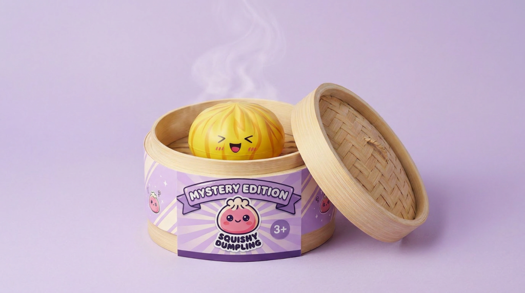 Fluffy Mystery Dumpling Squishy Bun in its bamboo steamer box