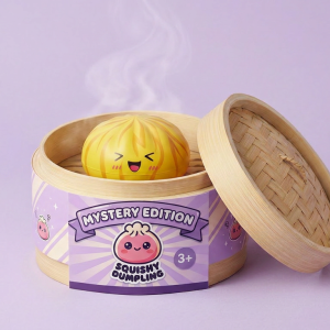 Fluffy Mystery Dumpling Squishy Bun in its bamboo steamer box