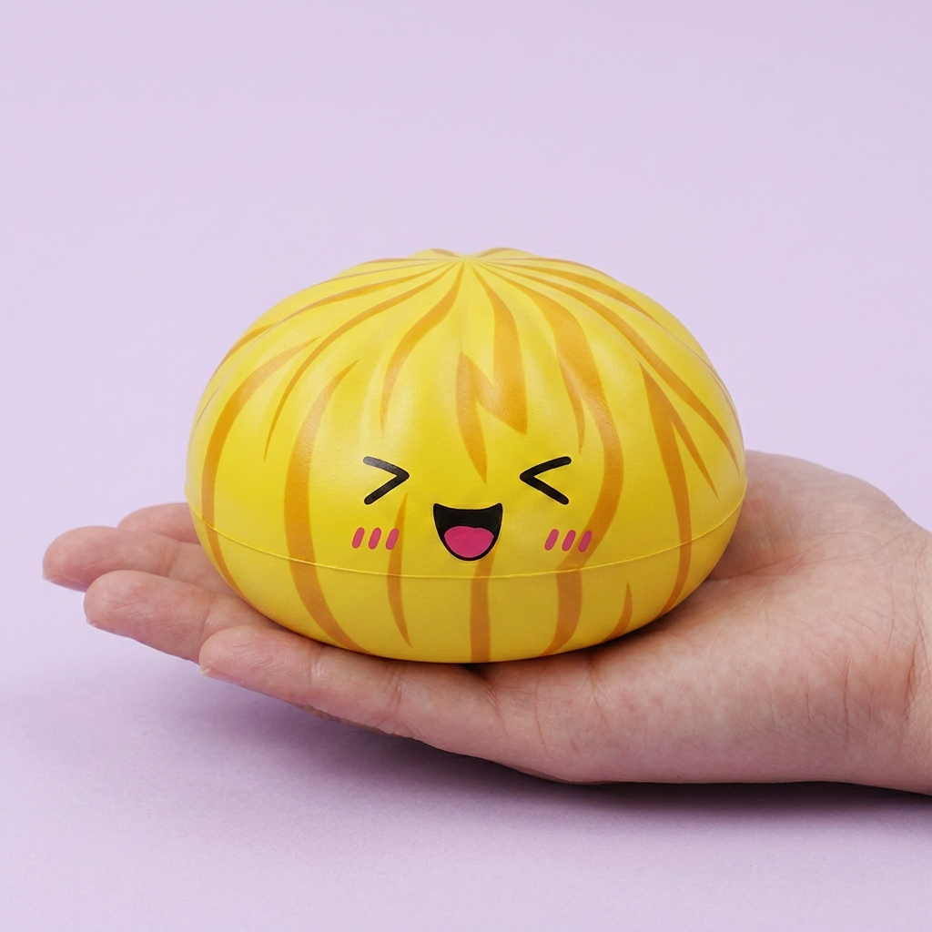 Fluffy Mystery Dumpling Squishy Bun held in hand, actual size