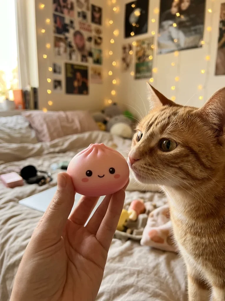 Fluffy Mystery Dumpling Squishy Bun with a plush friend