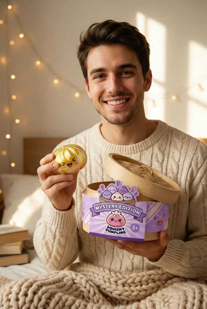 Fluffy Mystery Dumpling Squishy Bun with its box
