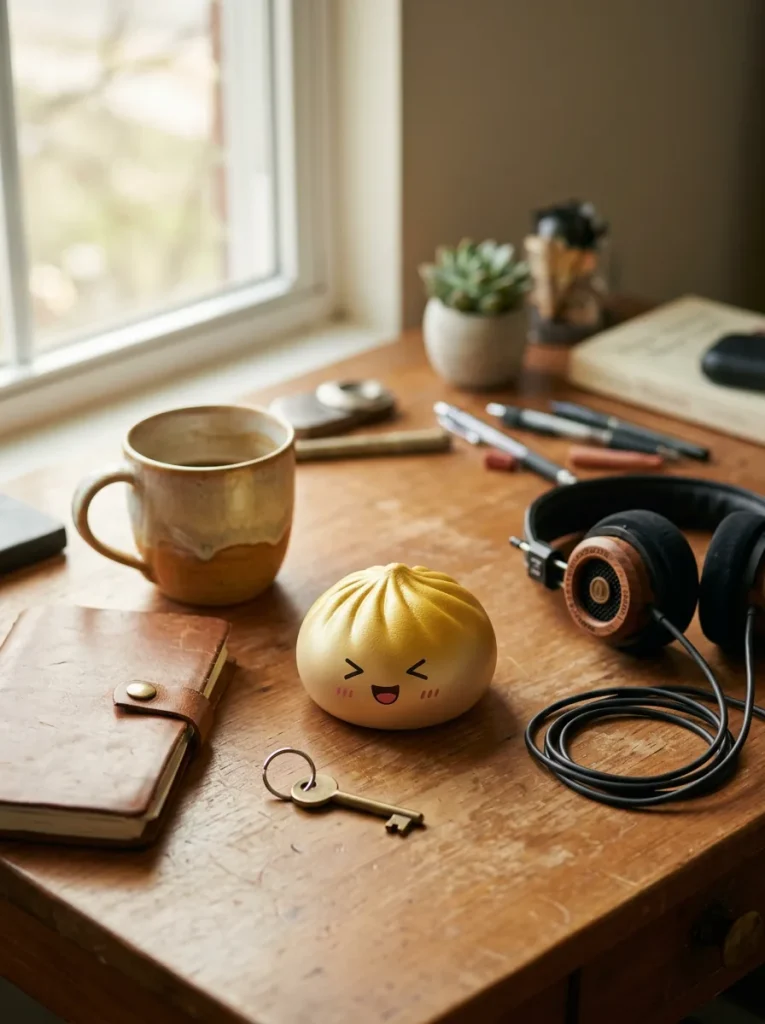 Fluffy Mystery Dumpling Squishy Bun on the desk