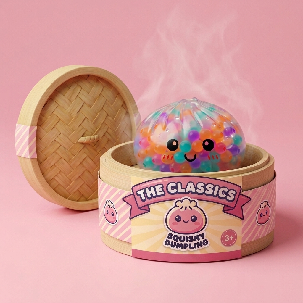 Multicolour Squishy Dumpling in its bamboo steamer box