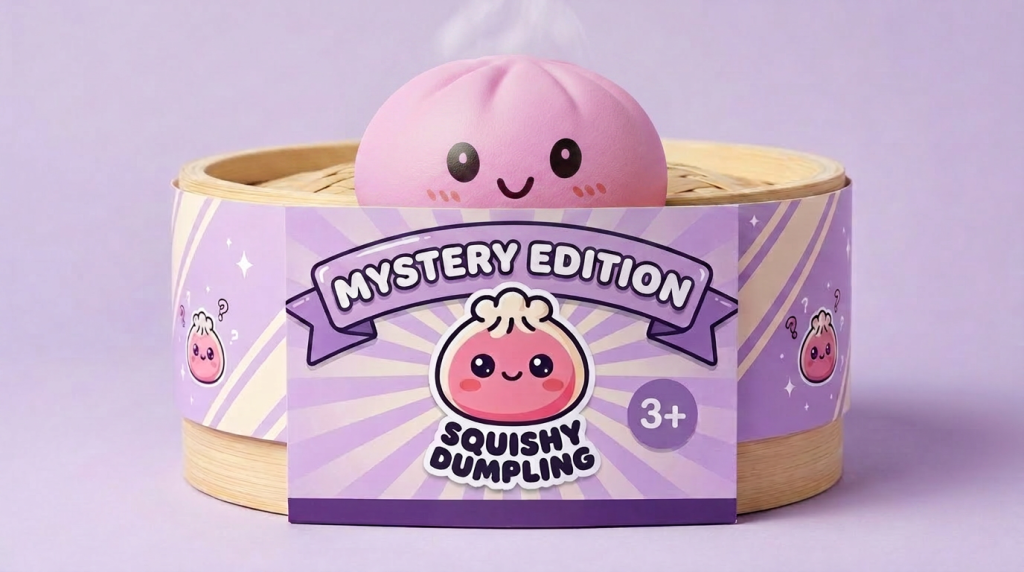 Squishy Dumpling Mystery Box in its bamboo steamer box