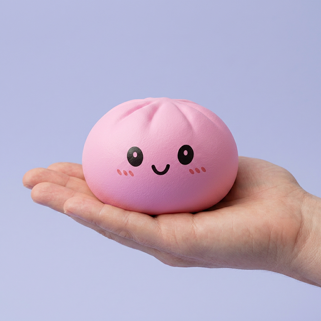 Squishy Dumpling Mystery Box held in hand, actual size