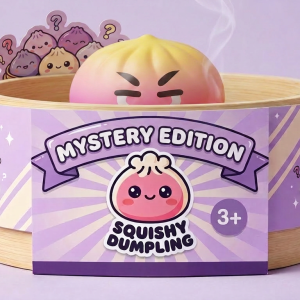 Dumpling Squishy Mystery Bun Surprise in its bamboo steamer box