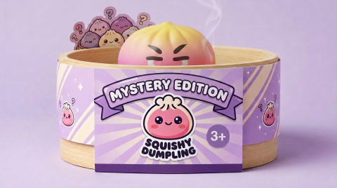 Dumpling Squishy Mystery Bun Surprise in its bamboo steamer box